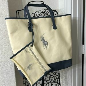 Polo Ralph Lauren Gray & Beige Tote w/ Removable make up case pre owned